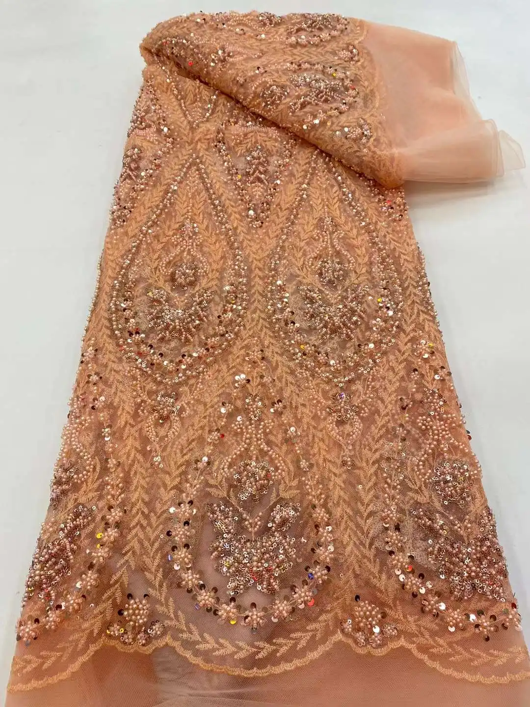 

Новинка, кружевные французские бусины ручной работы с блестками высокого качества, кружевные ткани, свадебные материалы для невесты, 5 ярдо...