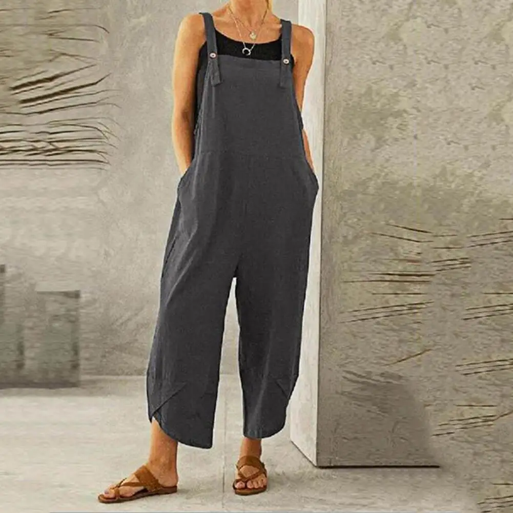 

Popular Playsuit Lady Ladies Jumpsuit Pockets Solid Color Shoulder Strap Jumpsuit Loose