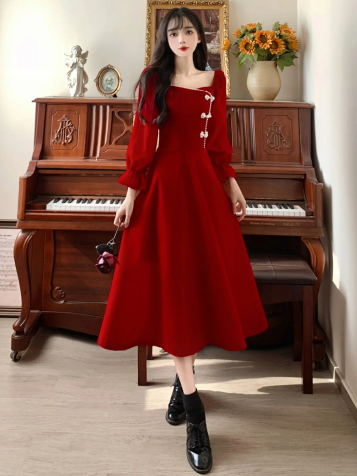Plus size Elegant High Sense Engagement Dress for Toast Wine Red 2024 Winter Chubby Girl Thickened Inner wear Velvet Sk... |
