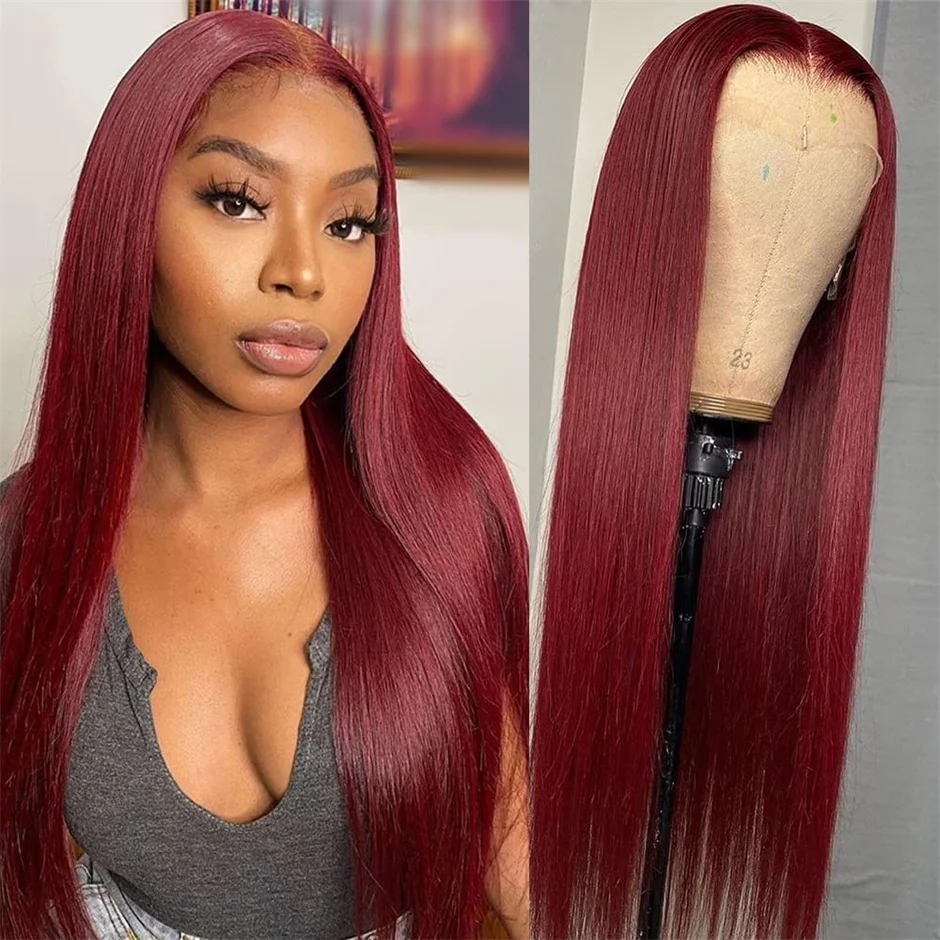 99J Burgundy Straight Lace Frontal Wig 180% Density 13x4 HD Transparent Lace Front Human Hair Wigs For Women Pre Plucked