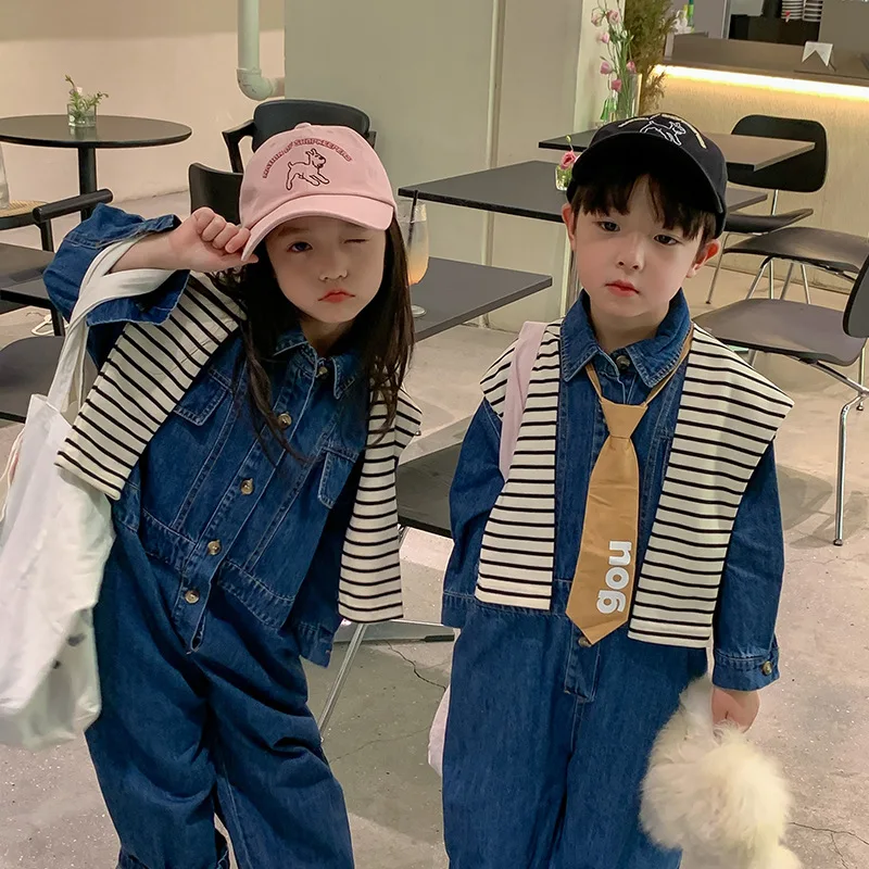 

Baby Pants New Denim Rompers for Boys Girls Autumn 2022 Korean Cape Rompers Jean Unisex Loose Wide Leg Pants