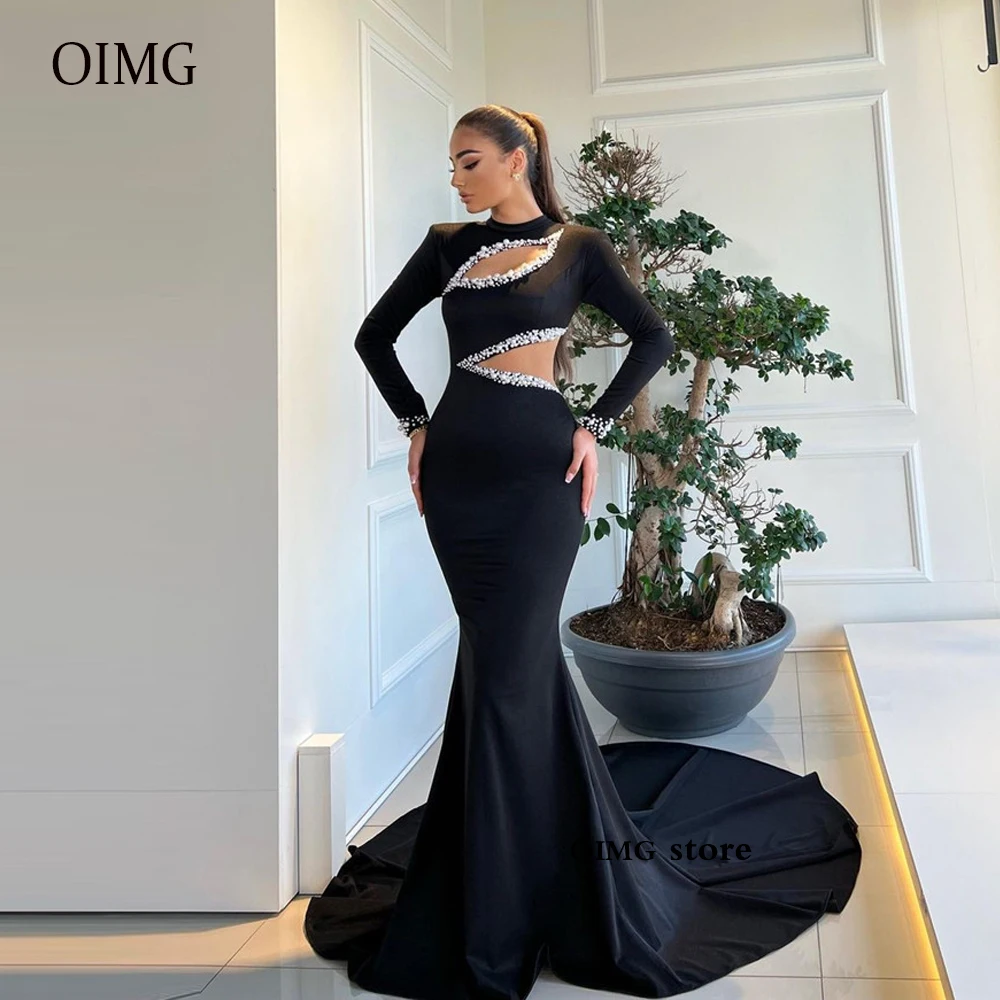 Купи OIMG Black Stretch High Neck Mermaid Evening Dresses Long Sleeves Pearls Shiny Cut-out Sexy Dubai Women Formal Party Prom Gowns за 5,218 рублей в магазине AliExpress