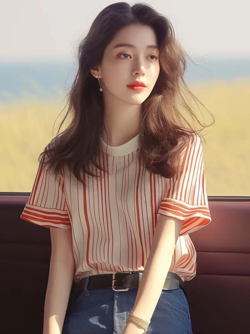 Шифоновая полосатая женская рубашка летняя новая винтажная одежда распродажа