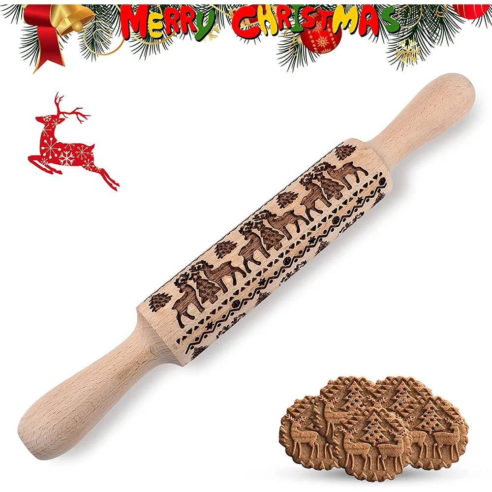 

Christmas Embossed Wooden Rolling Pin, Christmas Reindeer Pattern Engraved Rolling Pin, Kitchen Tools for Kids and Adults