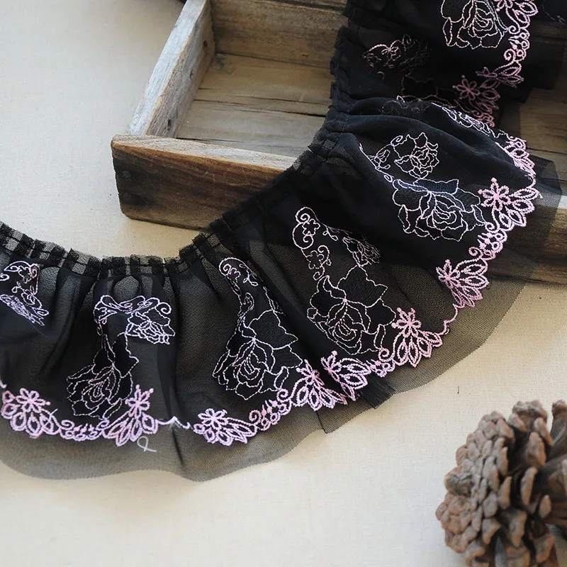 Плиссированная Тюлевая отделка двухслойная сетчатая ткань с цветочной вышивкой