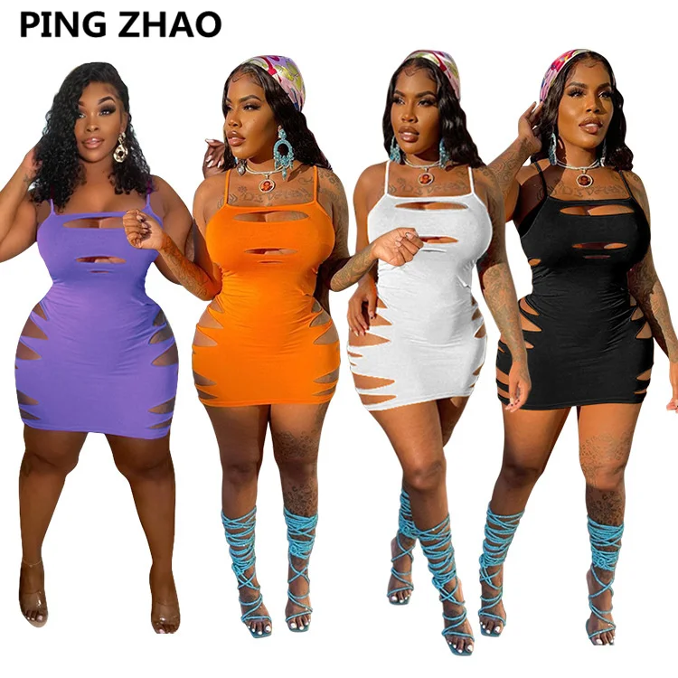 

PING ZHAO Plus Size Women Sleeveless Cut Out Hollow Out Spaghetti Strap Bodycon Mini Dress Summer Sexy Dress