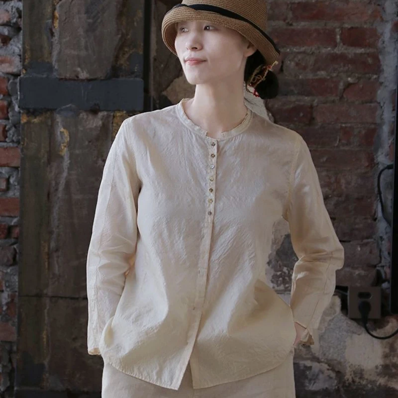 

Spring Summer Arts Style Women Long Sleeve Loose Shirts All-matched Casual Stand Collar Single Breasted Blouse Female Tops C192