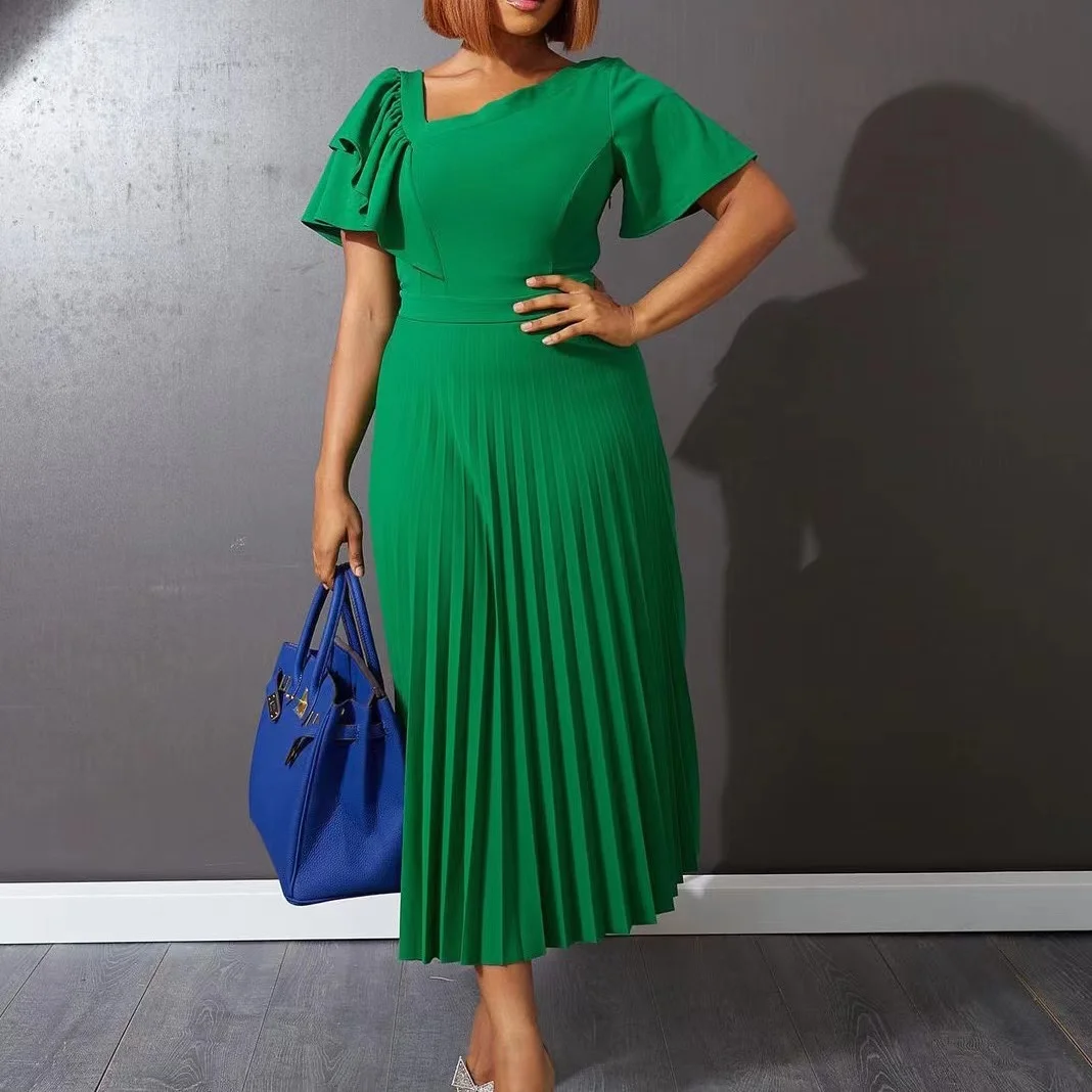 

Elegant Women Green Dress Short Sleeve Ruffle Pleated Midi Dress Spring Summer Chic Fashion Dress 2022 Party Birthday