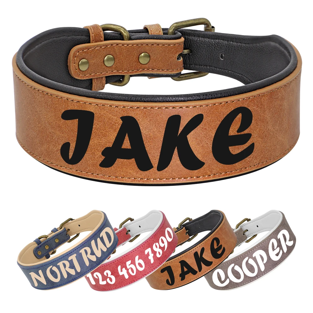 

Personalized Leather Dog Collar Necklace Wide Padded Pet ID Collars Free Print Dogs Name Collars for Medium Large Dogs Bulldog