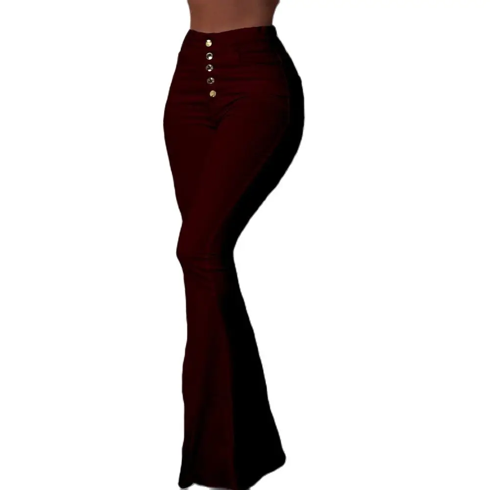 

Hot Style Ladies White Black Bootcut Stretch Trousers High Waist Pockets Fishtail Single-breasted Bottons Up Joker Pants S To XL