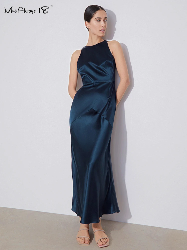

Mnealways18 Elegant Hollow Out Women Trumpet Dress Navy Party Tank Midi Dress Summer Satin Soft Round Neck Female Dress Evening