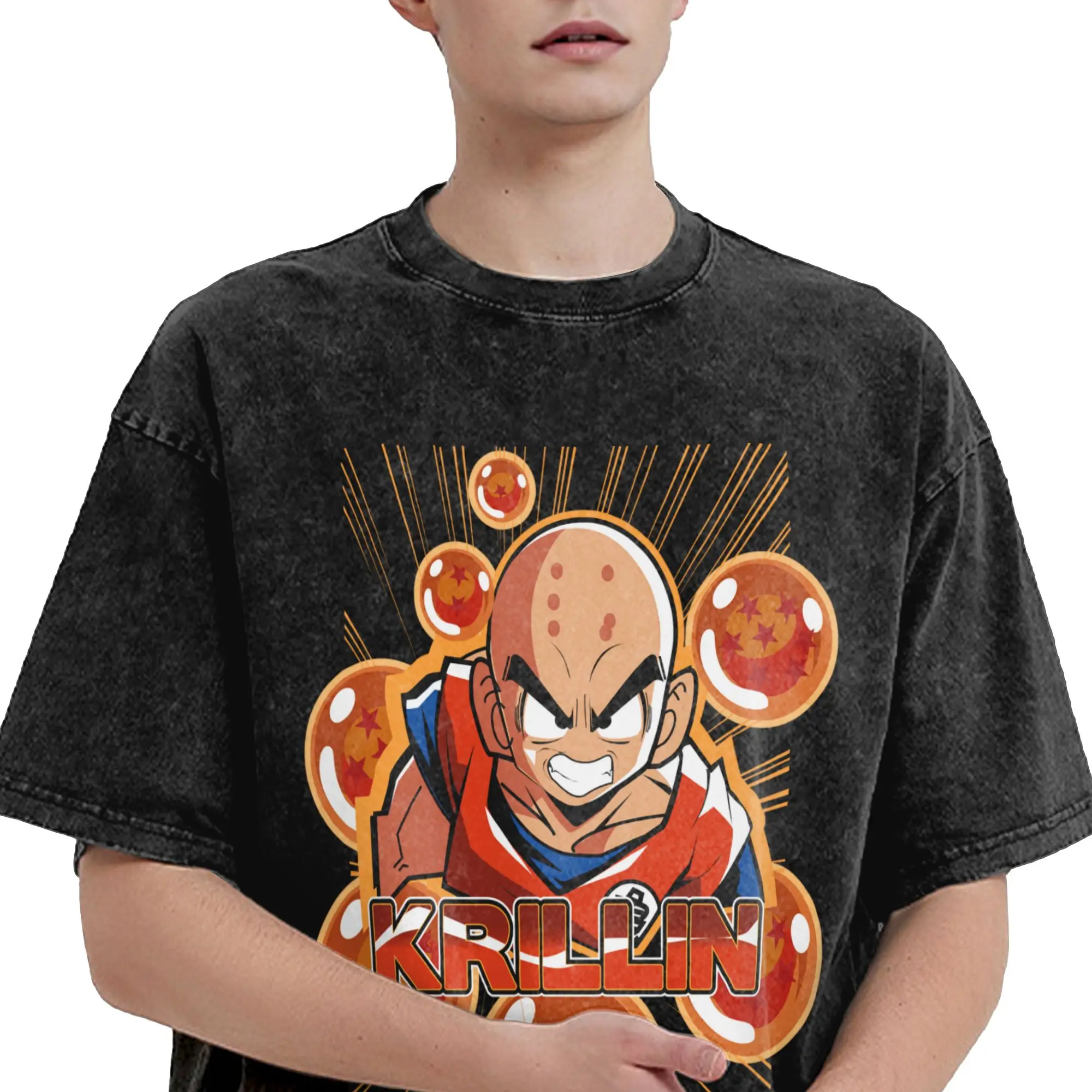 Фото Футболки Dragon Ball Krillin в стиле хип-хоп, с эффектом потертости, с коротким рукавом, оверсайз, аниме, Сайяны, DBZ, винтажные, для мужчин, топы, уличная одежда, футболки №5