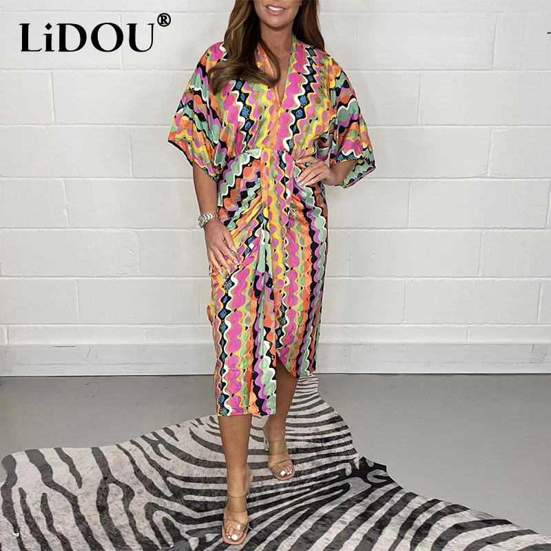 

2023 Summer Fashion Oversized Irregular Printing Vestidos Ladies Short Sleevel Waist Elegant Robe Women Loose Casual Beach Dress