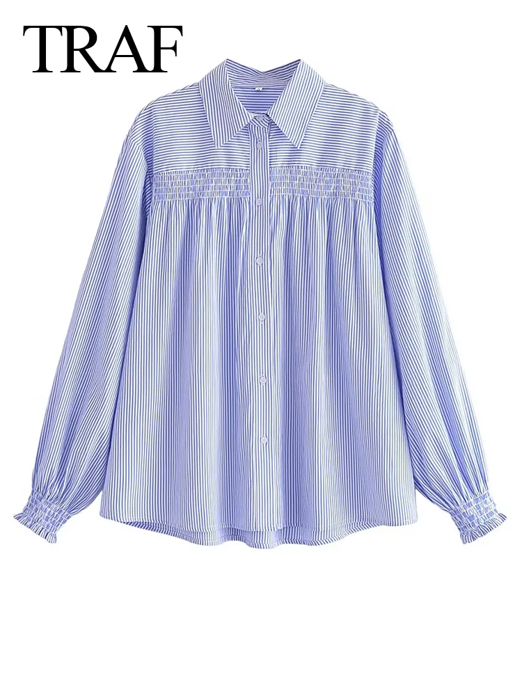 

Женская свободная рубашка в голубую полоску, с длинным рукавом