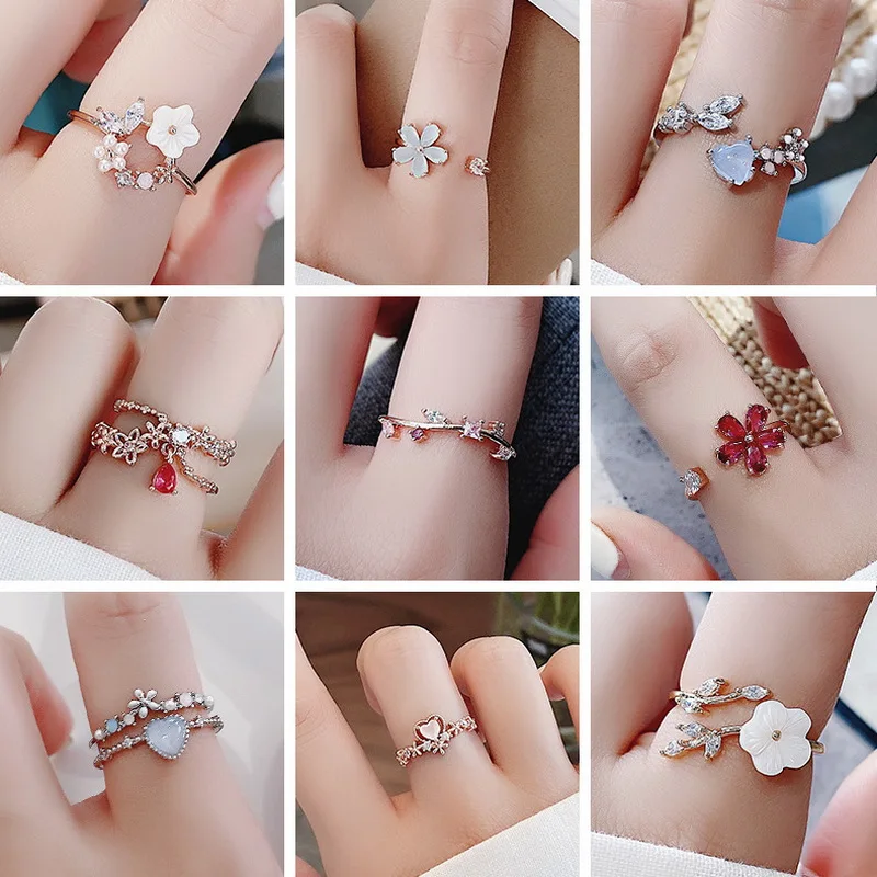 

2022 Fashion Glass Filled Glass Filled Rings Sweet Flower Leaf Butterfly Adjustable Open Rings Female Wedding Engagement Jewelry