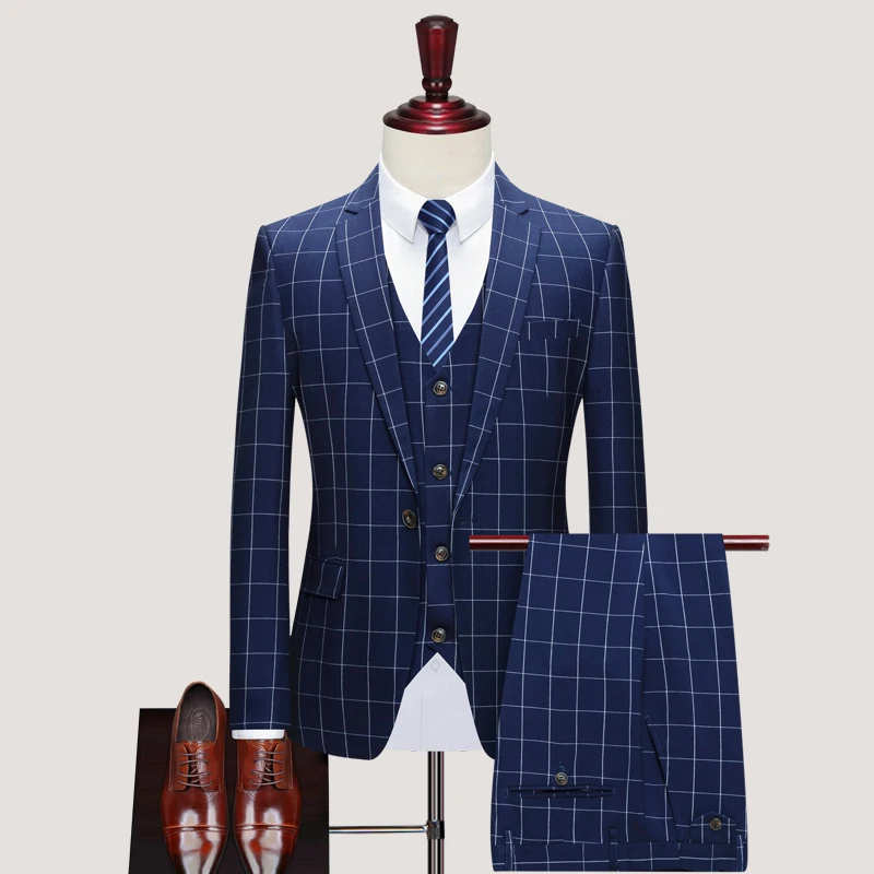 

( Jacket + Vest + Pnats) Brand Boutique Formal Suit 3Pce Set Groom Wedding Dress Formal Mens Slim Suit Stage Performance Banquet