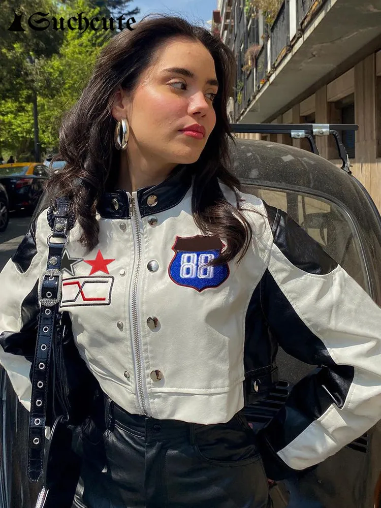 SUCHCUTE Racing Black White Contrast Patchwork Leather PU Jackets Motorcycle Long Sleeve Bomber Jacket Zipper Moto Biker Clothes