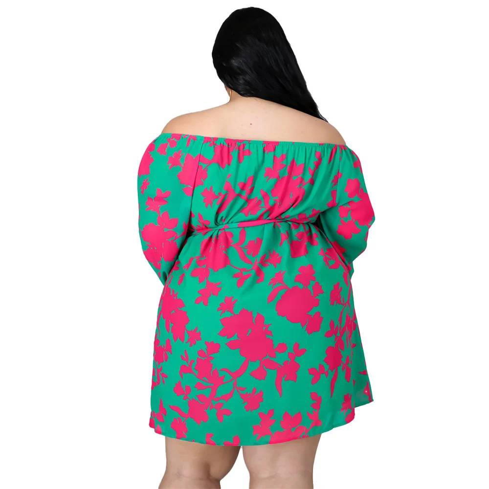 Plus Size Dresses for Women Clothing Sexy Loose Print Long Sleeve One Word Collar Mini Dress Whole 3xl 4xl 5xl 6xl