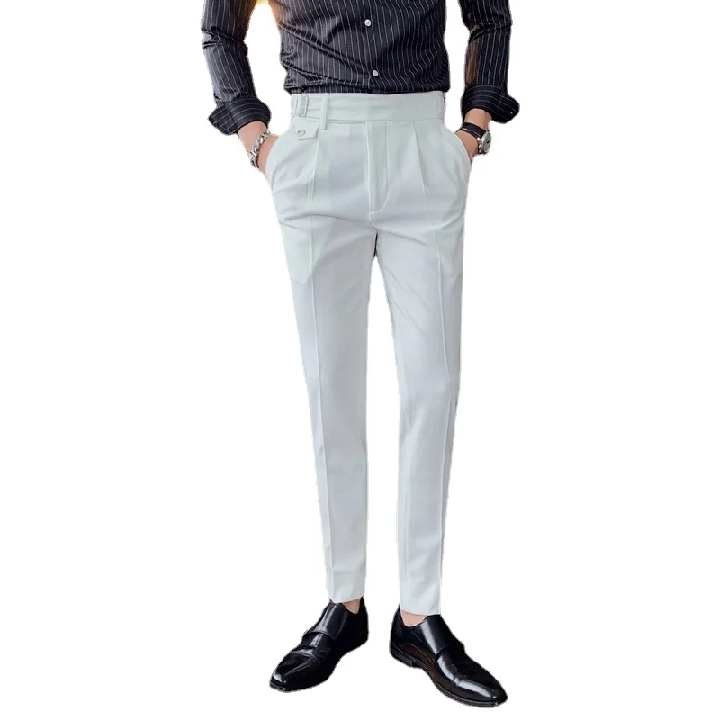 

British Style Men Suit Pants Black / White / Sky Blue / Gray Pure Color Simple Business Wedding Party Dress Trousers