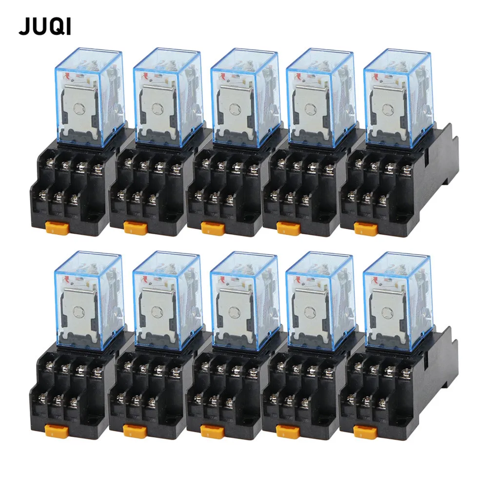 10 set MY4NJ small Electromagnetic Power Relay DC 12V 24V 36V 48V 110V 220V 380V Coil 4NO 4NC DIN Rail 14 pins + Base Mini relay