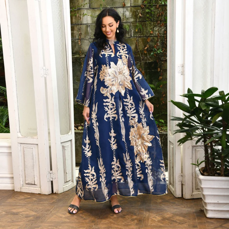 Middle East Golden Sequins Yarn Muslim Dress Cardigan Jalabiya Dubai Arab Abaya for Women Kimono Abrigo Mujer Largos Musulmana