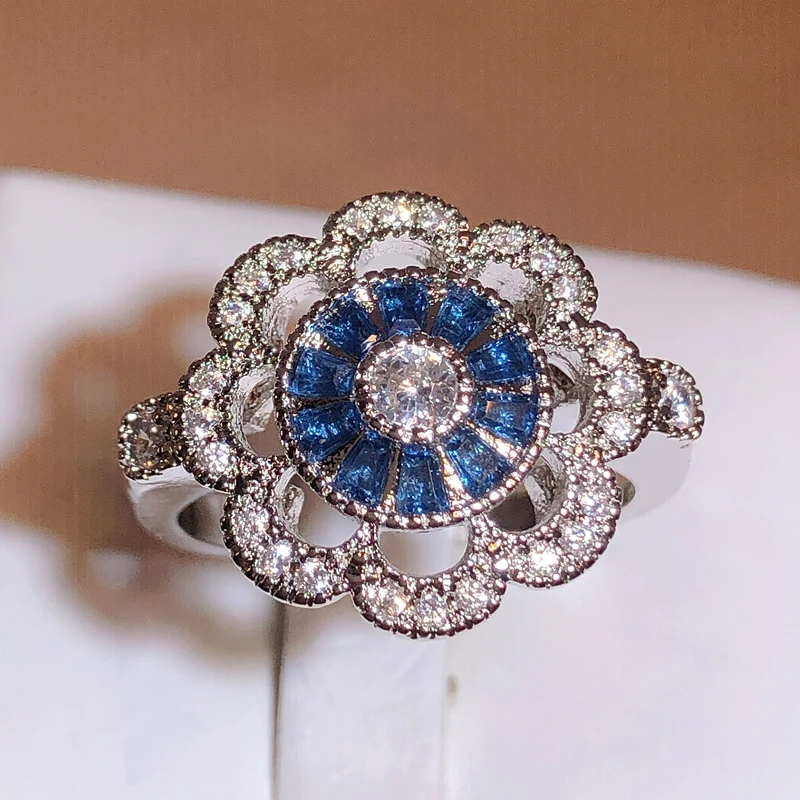 

Trendy Silver 925 Jewelry Flower Shaped Ring For Women Sapphire Zircon Female Party Rings Girl's Gifts