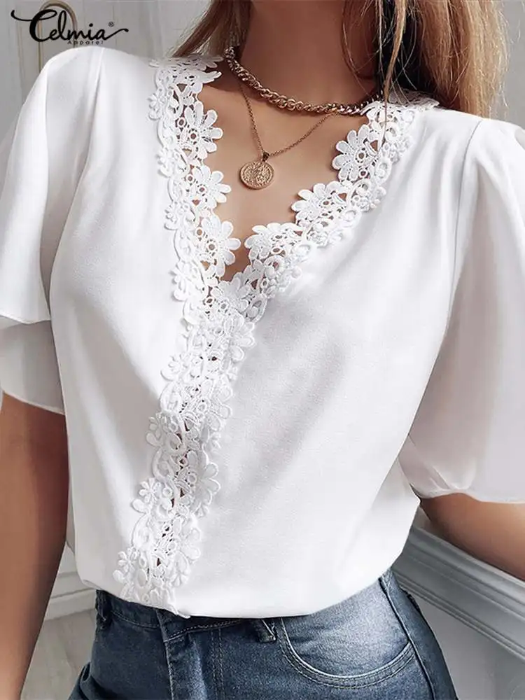 

Celmia Women Solid White Tunic Tops Elegant Fashion 2022 Summer V-neck Shirts Ruffled Short Sleeve Lace Office Blusas Blouses