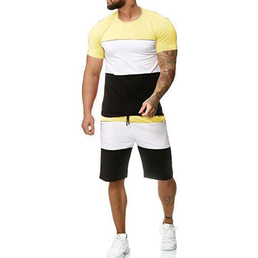 

Men's Casual Sets Short Sleeve T-Shirt+Shorts 2 Piece Sport Pants Suit Male Tracksuit Summer Fitness Stitching Outdoor Sportsuit