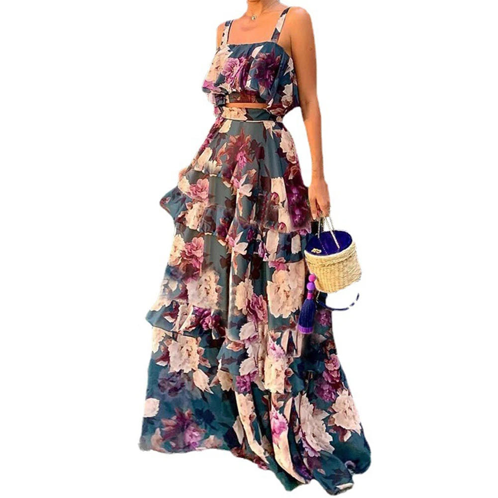 

Jacquard Weave Beach Dress Maxi Dress Printing Spaghetti Strap Sundress Tank Tops Two Piece Set Cake Layered Skirt