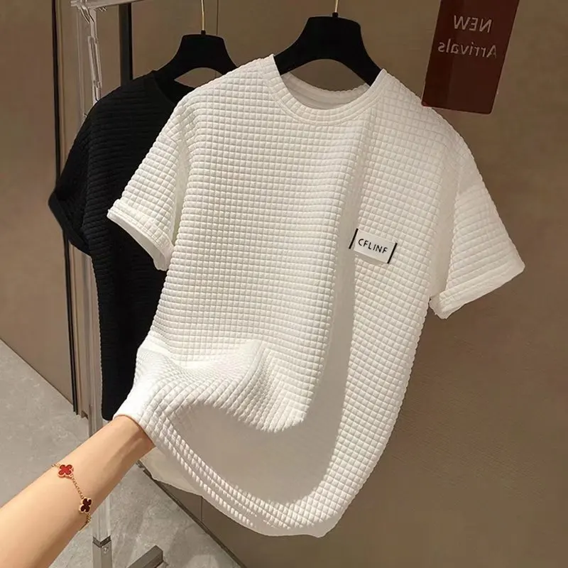 

Summer 2022 Korean Loose Lattice Round Neck Waffle Short Sleeve Bottoming Loose Shirt T-shirt for Women Streetwear Men Clothing