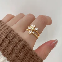 2022 cute women rings korean fashion gothic flower petals daisy two in one combination rhinestone gold jewelry engagement ring
