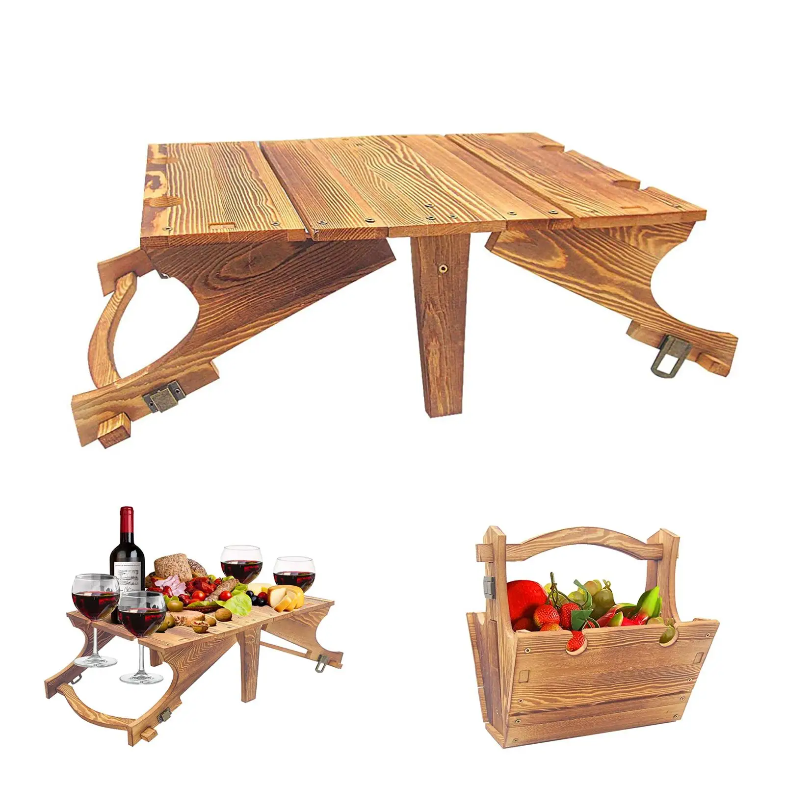 

2in1 Wooden Folding Picnic Table Portable Outdoor Camping Snack Storage Basket Rack Foldable Camping Table Garden Furniture