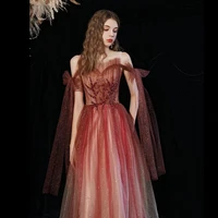 elegant burgundy prom dress a line off the shoulder bow knot shiny sequins beaded formal wedding maid of honor gown high quality