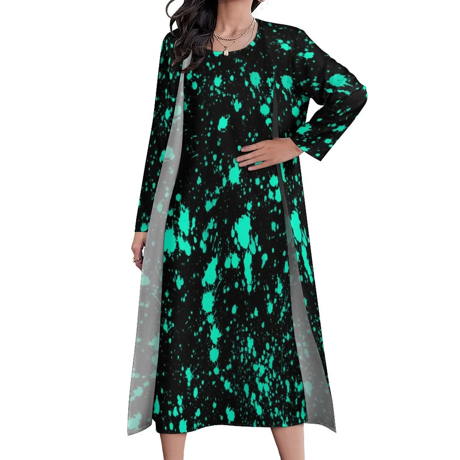 

Artistic Splash Dress Long Sleeve Black Mint Paint Streetwear Boho Beach Long Dresses Ladies Kawaii Maxi Dress Birthday Gift