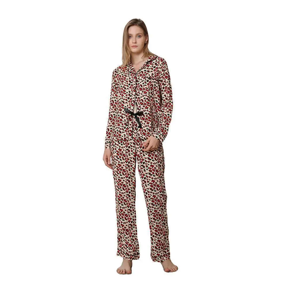 Leopard Print Cotton Pajamas Women's Sleepwear Set Rayon Cotton Two Pieces Set Pyjamas Nightwear Set For Ladies Free Shipping