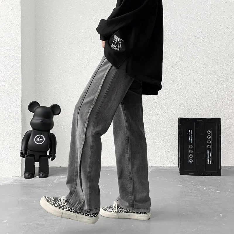 Jeans Men Design Print Mid Waist Oversize Baggy Jean Streetwear Zipper Fly Straight Denim Trousers Hip Hop Retro Ulzzang Teens