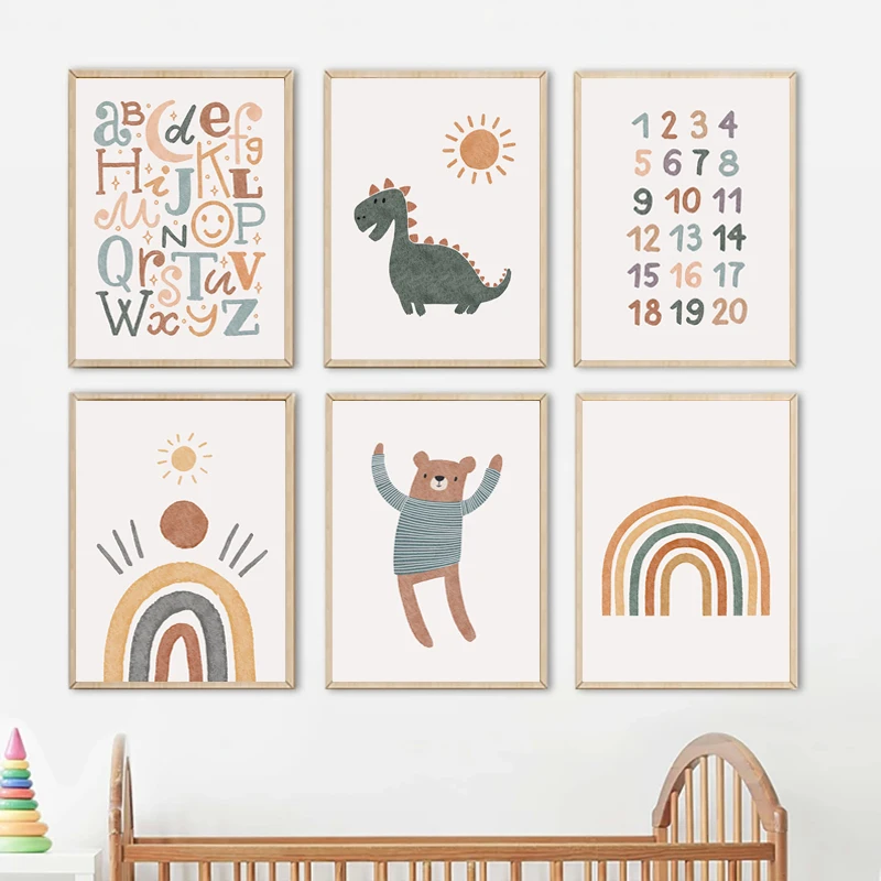 

Simple Nordic Dinosaur Bear Rainbow Bridge Digital Character Enlightenment Wall Art Canvas Painting Posters kids Room Home Decor