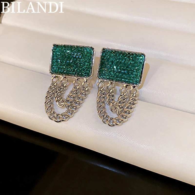 

Bilandi S925 needle Modern Jewelry Vintage Green Earrings Popular Design Tassel Chain Drop Earrings For Women Party Gifts