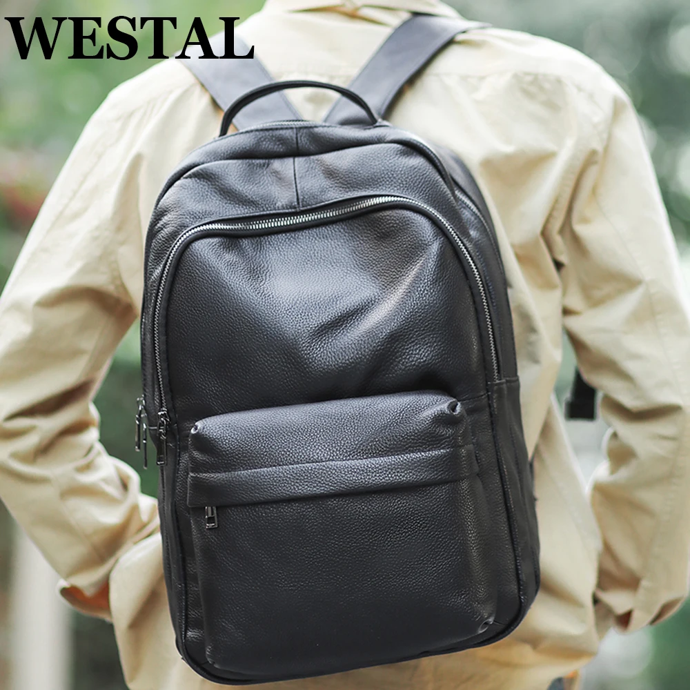 WESTAL Men's Backpack Genuine Leather Vintage Shoolbag Large Capacity For Boy 15.6 Inch Laptop Bag Business Handbag Students