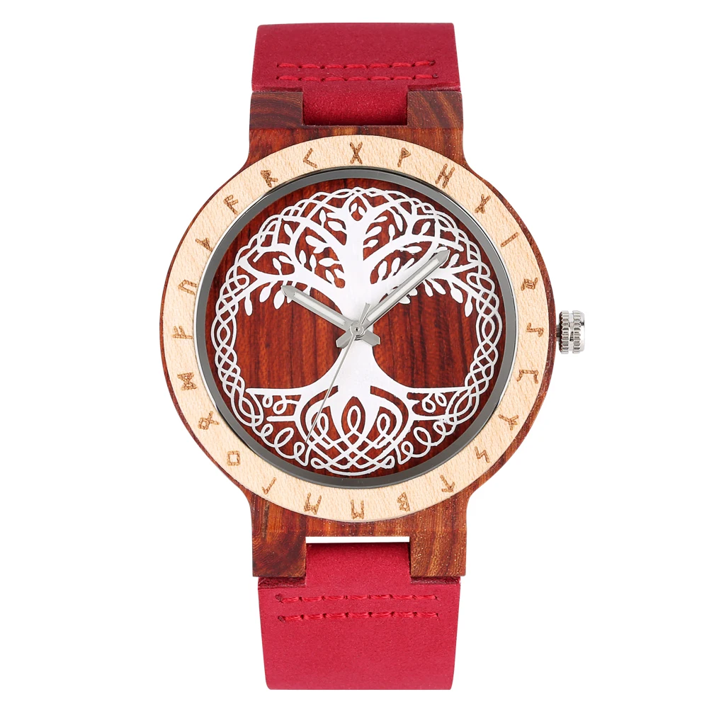 

Life Tree Display Natural Wooden Quartz Wristwatches for Men Women Pin Buckle Genuine Leather Wristband Fashion Men's Watches