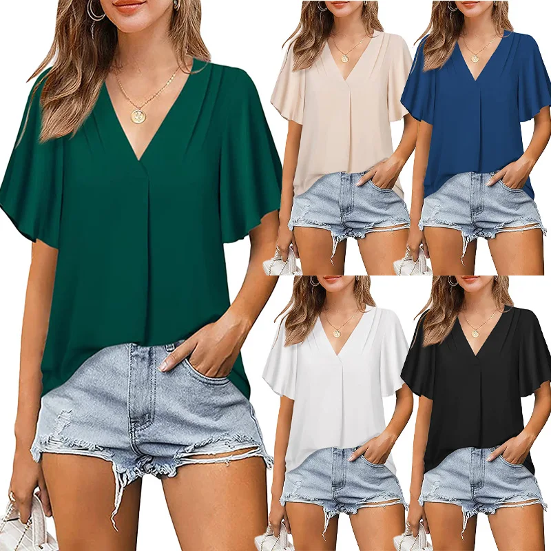

2022 Sumerm Women Fashion Summer New V-neck Chiffon Shirt Pleated Loose Short Sleeved Top Tshirt