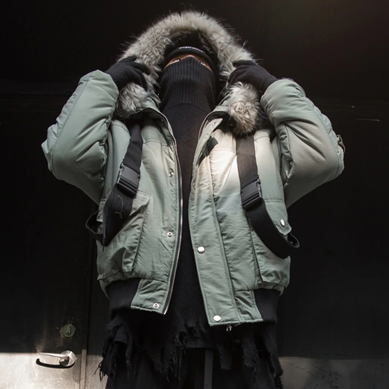 Ribbon Function Parkas Jacket Harajuku Casual Winter Coats Mens Fur Collar Thick Hooded Jacket Streetwear Outwear