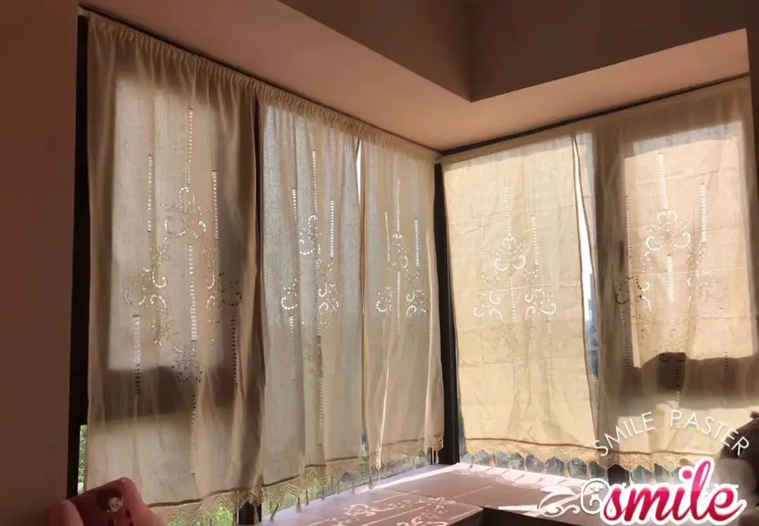 Фото Набор из 2-х бежевых пасторальных плотные шторы с кисточками, Cortinas из чистого хлопка для кухни, шкафов, кафе, короткие шторы ручной работы №4