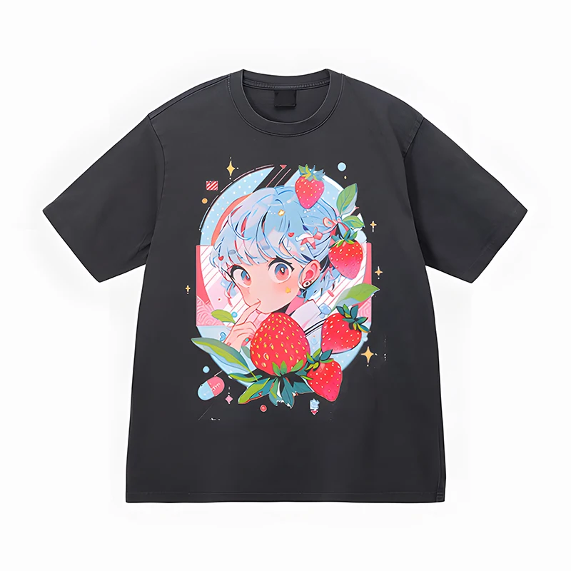 

Women's pure cotton fruit-themed collection featuring loose and versatile couple T-shirts with a strawberry theme