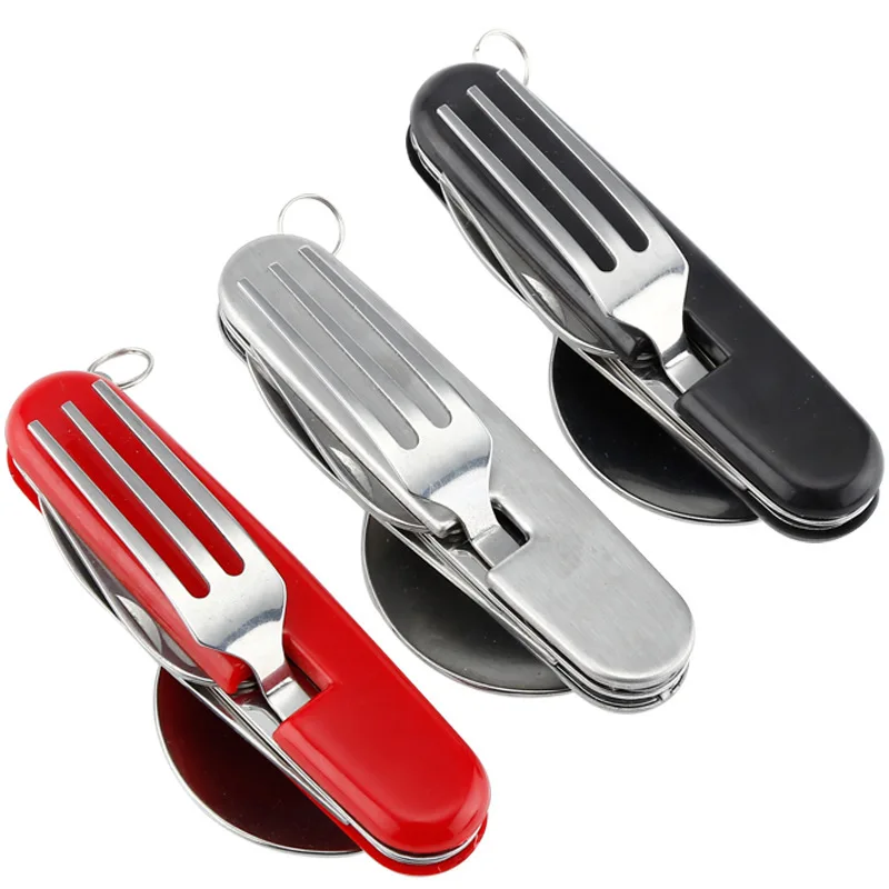 

4 in 1 Multifunctional Outdoor Tableware Stainless Steel Foldable Fork Spoon Knife Picnic Camping Hiking Travelling Dinnerware