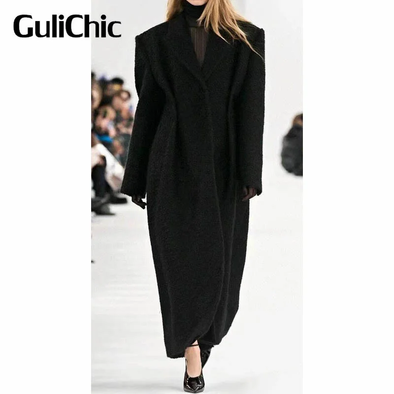 Женское шерстяное пальто с отложным воротником GuliChic подиумное стильное