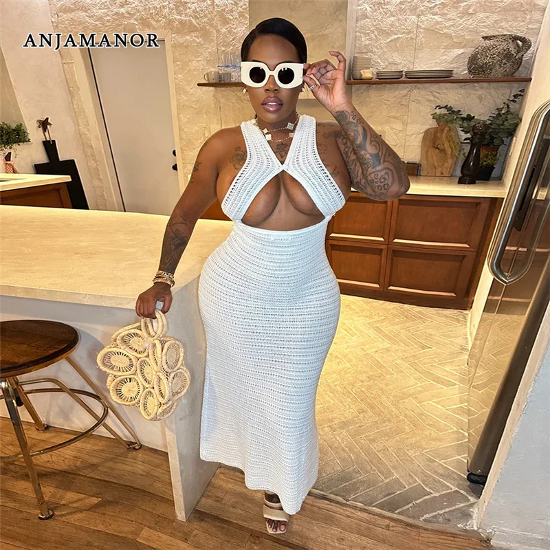 

ANJAMANOR Sexy White Dresses Womens for Party Beach Vacation Outfits Hollow Out Knit Halter Backless Long Maxi Dress D96-DC38