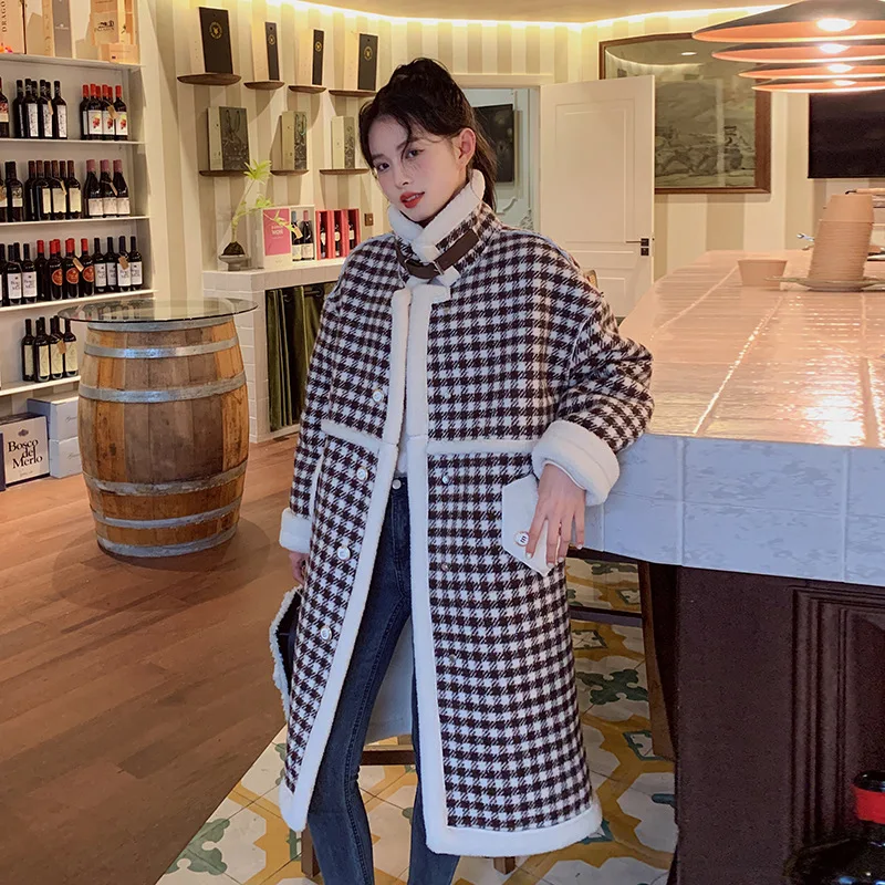 Wool-like warm coat in winter plaid long coat female