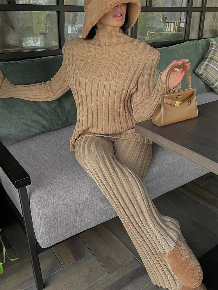 

Tossy 2022 New Ribbed Outfits Knitted Long Sleeve Sweater Top And Pants 2 Piece Sets Casual Loose Tracksuit Fashion Chic Suit