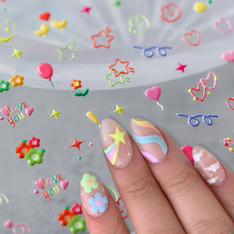 

5D Embossed Neon Nail Art Stickers Cute Nail Stickers for Kids Cartoon Nail Decals Star Moon Flower Rabbit Letters Nail Designs